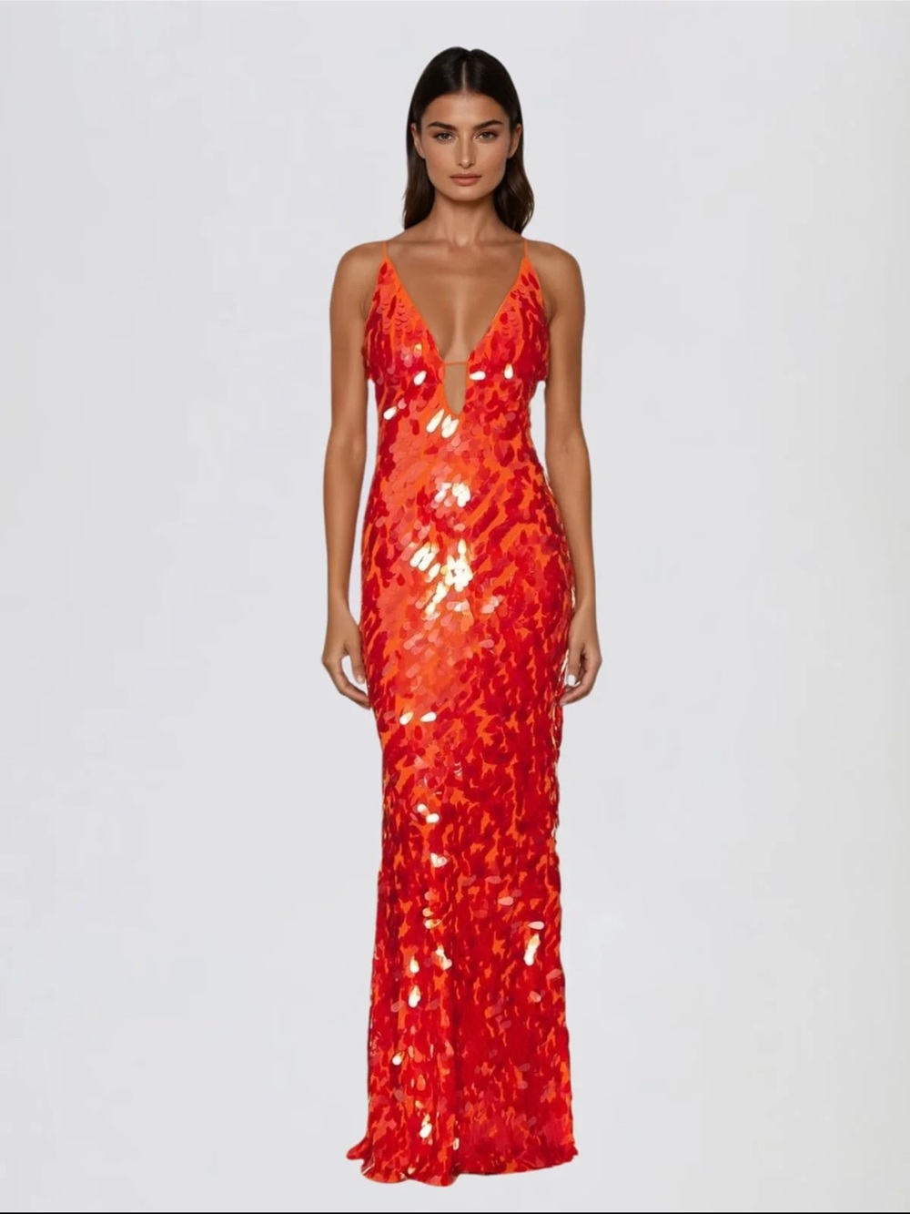 Red Sequin V-Neck Evening Gown